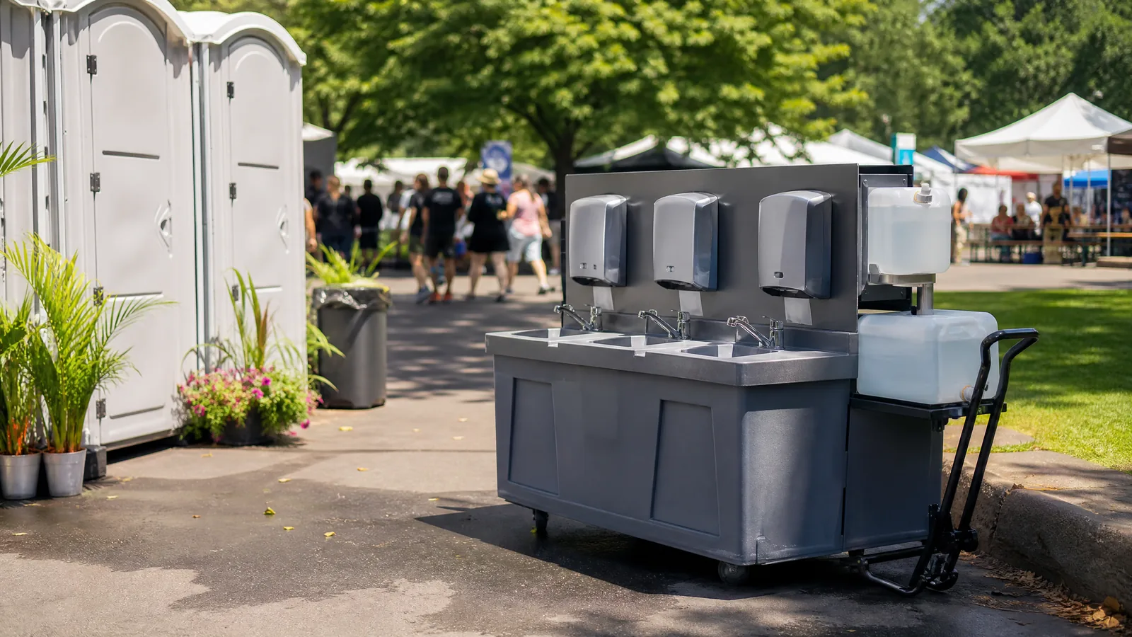 Close view of a generic handwashing station beside an unbranded portable restroom at an outdoor event